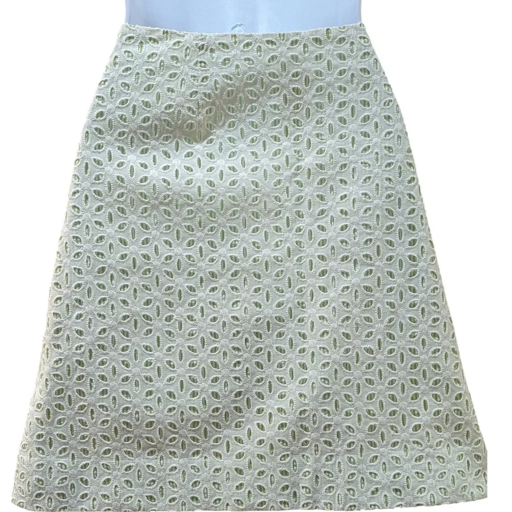 Molly B. White Eyelet Green Striped Lined Skirt Sz 8 Cottagecore Preppy Romantic